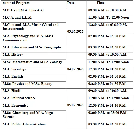 Program-wise entrance Schedule for CRSU JIND COMPUS UG/PG Admission 2023-24