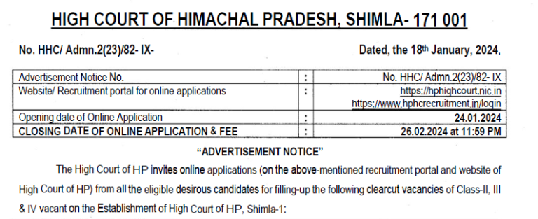 HP High Court Vacancy 2024 Online Form