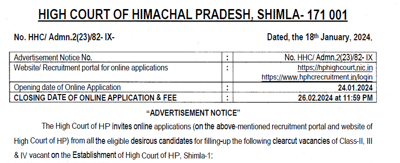 HP High Court Vacancy 2024 Online Form