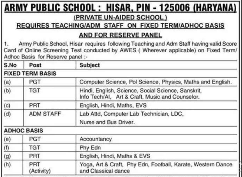 APS Hisar Vacancy 2024 Offline Form