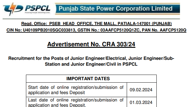 PSPCL JE Vacancy Online Form 2024