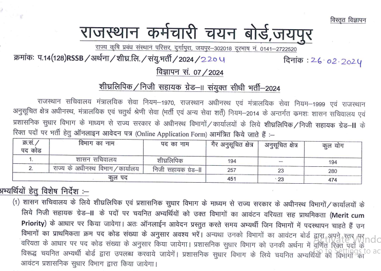 RSMSSB Stenographer And PA Recruitment 2024 Online Form