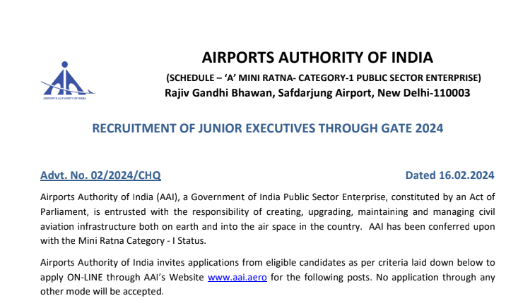 AAI Junior Exacutive Recruitment 2024 Online Form