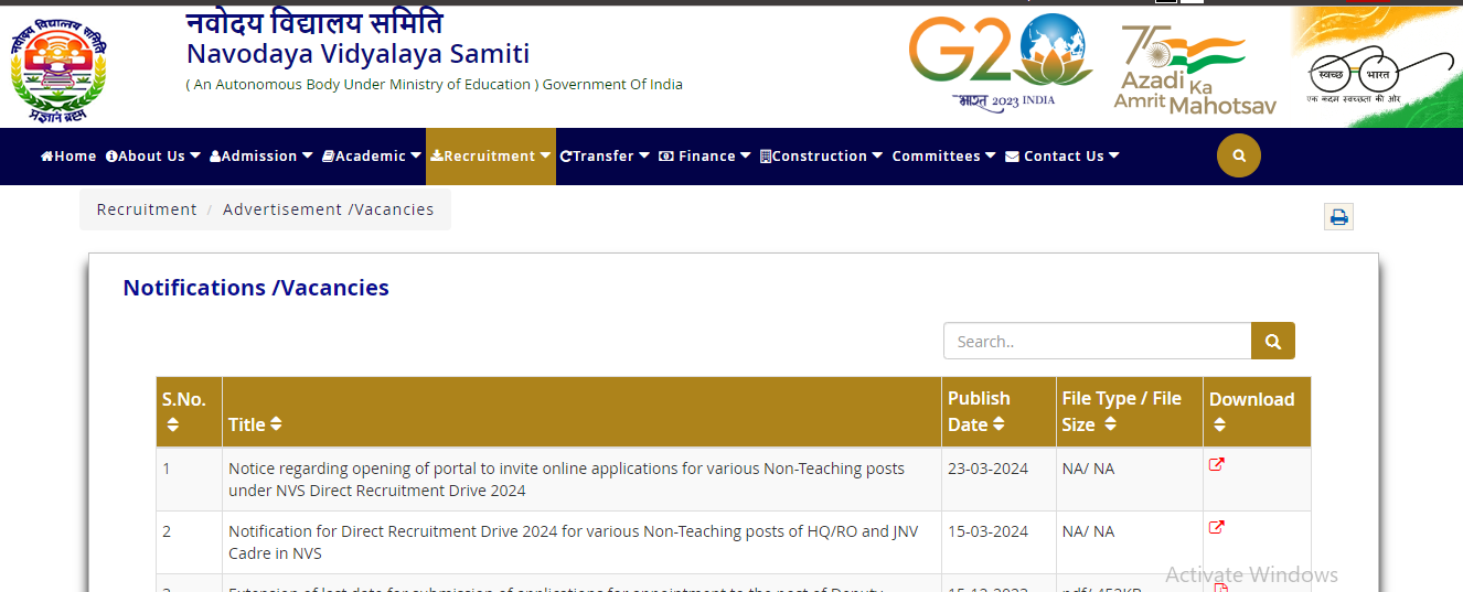NVS Non-Teaching Recruitment 2024 Online Form