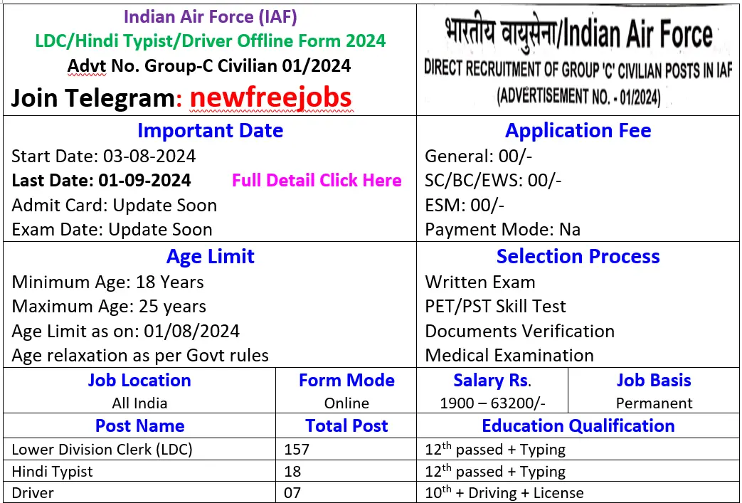 Air Force Group C Hindi Typist LDC Driver Offline Form 2024