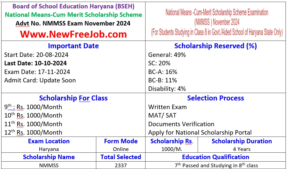 Haryana NMMSS Scholarship Exam November 2024