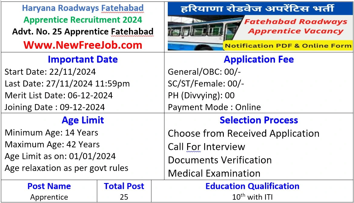 Fatehabad Roadway Apprentice 2024