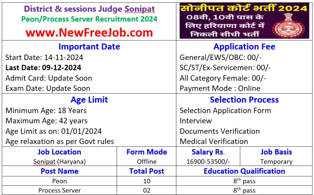 Sonipat Court Peon Process Server Offline Form